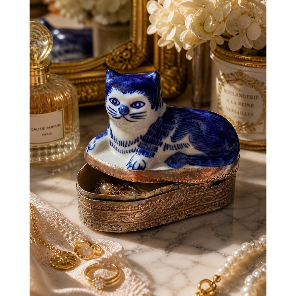 Blue White Porcelain Cat Trinket Box • Chinoiserie Jewelry Holder, Brass Base
